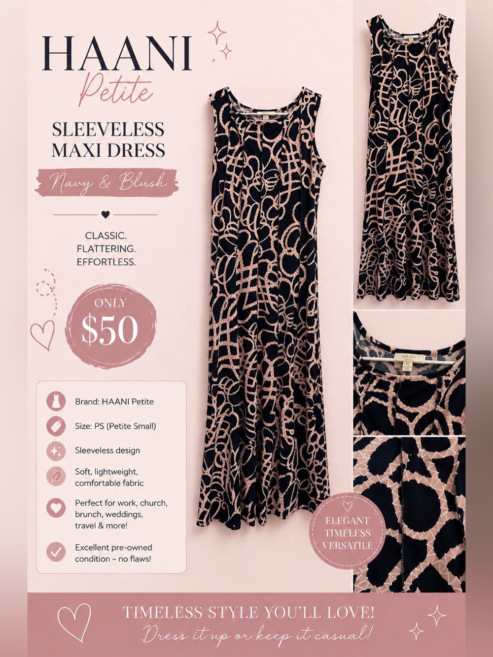 Haani Navy and Blush Abstract Print Sleeveless Maxi Dress